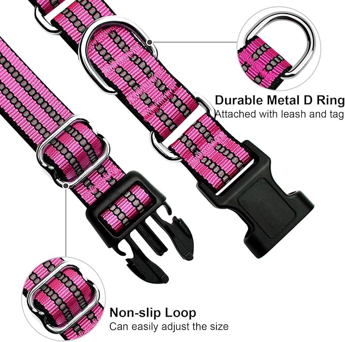Martingale Dog Collar, Adjustable Nylon Reflective Collar with Buckle No Pull Dog Collar for Small Medium Large Dogs (Pink S)