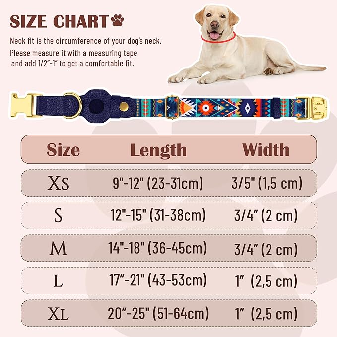 AirTag Dog Collar for Small Medium Large Breed - Adjustable Cute Pattern Dog Collar with Airtag Holder - Soft Leather Tracker GPS Apple Air Tag Pet Collars (Large, 17"-21" Neck Fit, Navajo)