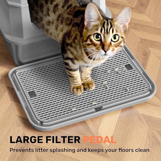 Stainless Steel Litter Box with Lid, Anti-Leakage Enclosed Metal Litter Box, Flip-Top Extra Large Kitty Litter Pan with Scoop & Pedal, Odor Free, Front & Top Dual Entry, Light Gray