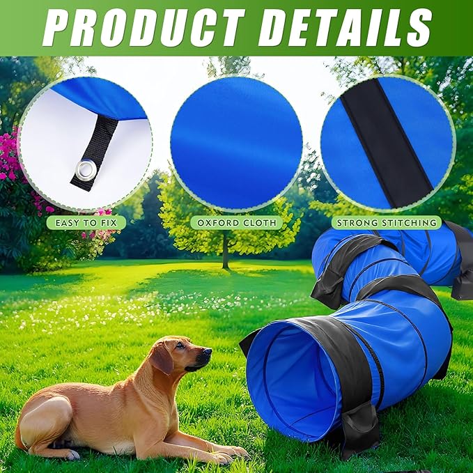 28 in 18 Foot Blue Extra Large Dog Agility Tunnel with Sandbags Dogs Agility Training Equipment Tunnel with 4 Pack Sandbags Carry Bag and 4 Ground Spikes for All Medium and Large Dogs