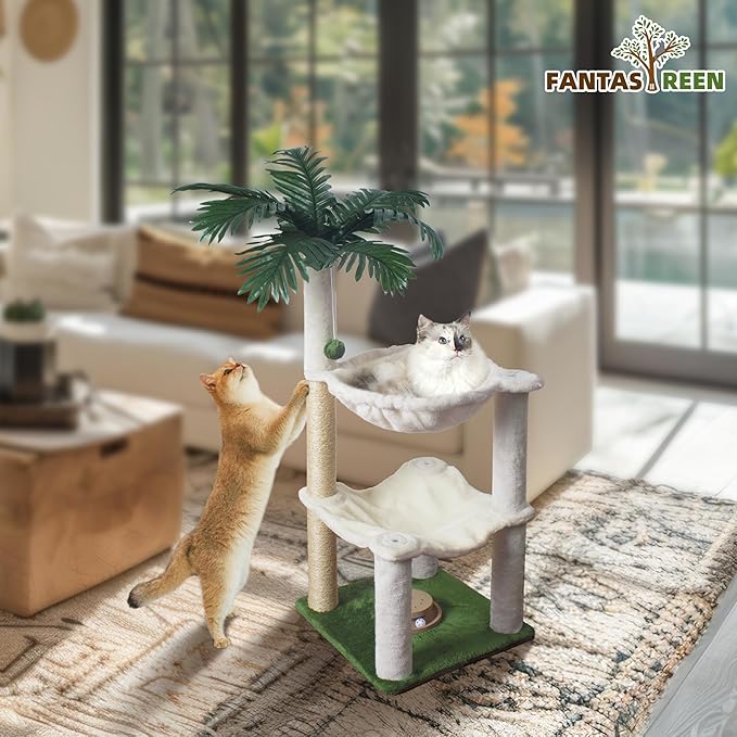 Fantasreen Cat Scratching Post 40 Inches Small Cat Tree Tower with Two Hammock, Double Hammock with Cat Toy Wooden Interactive, Cat Condo for Kitten and Adults Cat