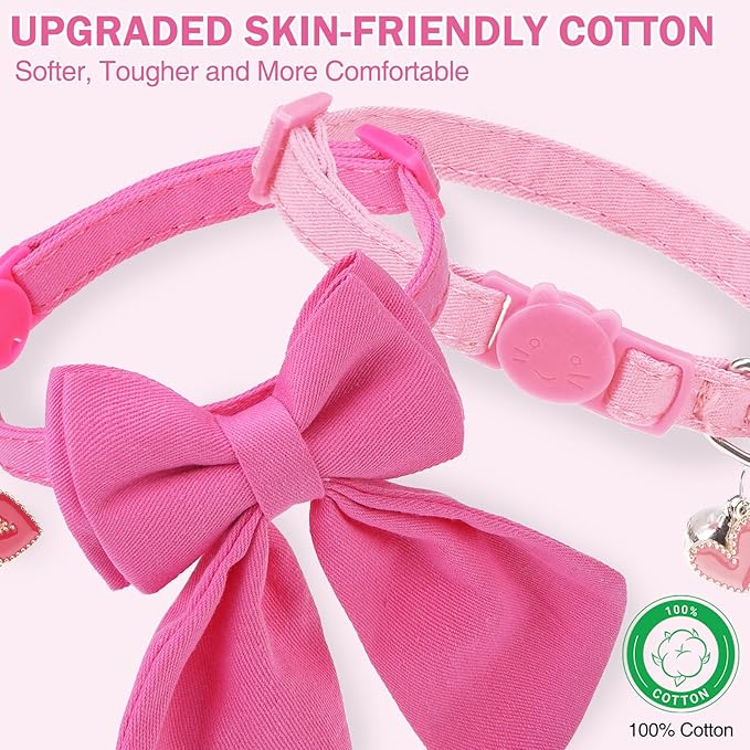 Cat Collar Breakaway with Bells, Soft Pure Cotton Pink Cat Bowtie Collar for Girl Cats, Small Cats Collar with Bow for Spring Summer, 2 Pack Cute Kitten Collars with Removable Bowtie 8-12Inch