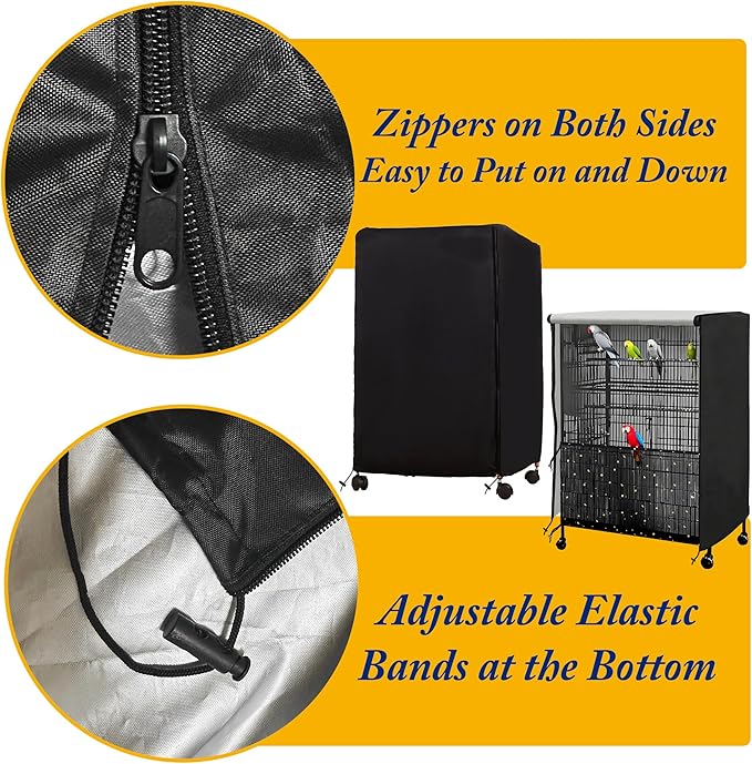 Universal Bird Cage Cover,Pet Cage Cover,100% Shading Oxford Cloth with PU Coating Layer,Good Night for Small Animals,Adjustable Soft Airy Nylon Mesh Net for Round Square Cages (Black, 31.5×21×47in)