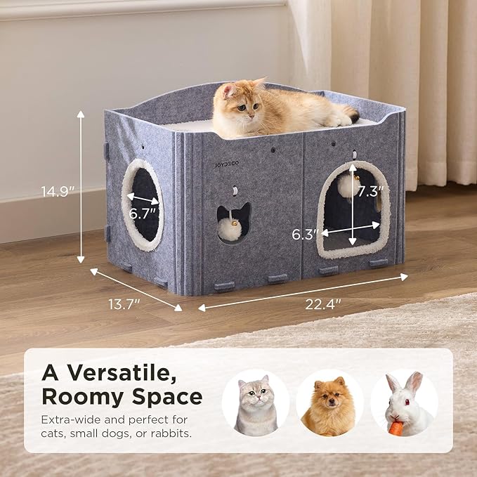 Joydeco Cat House for Indoor Cats, Extra Wide Scratch Resistant Felt Cat Condo, Hideaway Pet Cave Bed with Fluffy Ball and Tunnel for Kitten, Small Dogs, Rabbits, 22.4 x 13.7 x 14.9, Grey