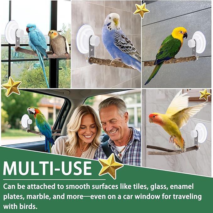 2 Pcs Natural Bird Perch Stand with Suction Cup Window Birds Perch for Window Mirror Car Shower Ceramic Tiles Bath Wood Training Perch, for Bird, Cockatoo, Macaw, Parakeet