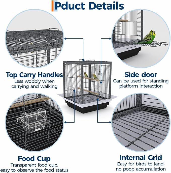 GarveeHome Small Bird Cage with Wheels, Parakeet Cage, Bird Carrier for Parakeets, Canaries, Lovebirds, Small Quaker, Cockatiels, Budgie, Green Cheek (20in Hammertone Black)