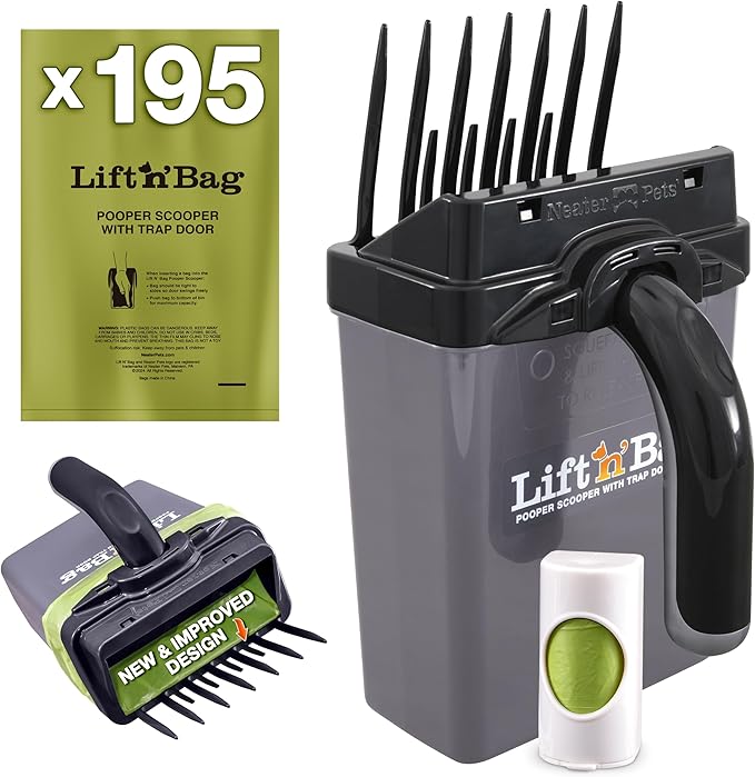 Neater Pet Brands Lift N’ Bag 2.0 Dog Pooper Scooper with Bag Attachment for Small to Large Dogs, New & Improved Design, 195 Refill Bags, Heavy Duty Dog Poop Scooper for Yard & Walks, One-Hand Use