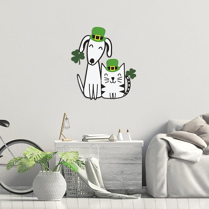 Fiwochic St Patrick's Dogs Cat Decorations Metal Shamrock Wall Art Irish Pet Hanging Signs Farmhouse Rustic Irish Clover Green Decor Gift for Front Door Porch Hallway Outdoor Garden 15.8 x 12 Inch