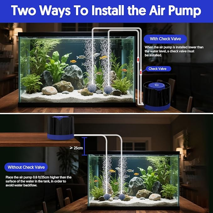 QZQ Aquarium Air Pump, Quiet Fish Tank Air Pump with Dual Outlets, 3W/5W Powerful Adjustable Oxygen Pump with Accessories, Aquarium Bubbler Aerator for Fish Tank Up to 120 Gallon (5W)