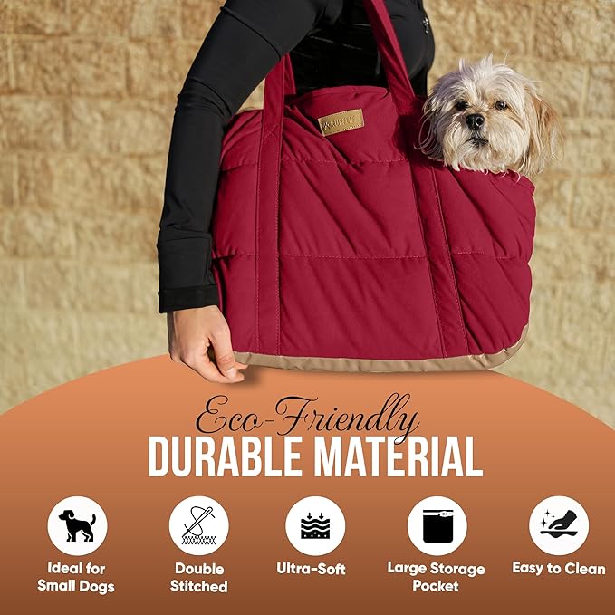 Plush Dog Purse Carrier for Small Dogs, Soft Dog Tote Bag with Safety Harness Clip, Cozy Pet Carrier for Dogs Under 15 lbs, Comfortable Dog Shoulder Carrier for Travel, Red