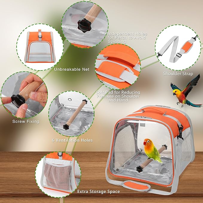 Suertree Small Bird Carrier, Large Window Travel Cage with Stand and Easy Clean Tray for Parrot Parakeet Cockatiels, Lightweight and Portable, Orange H