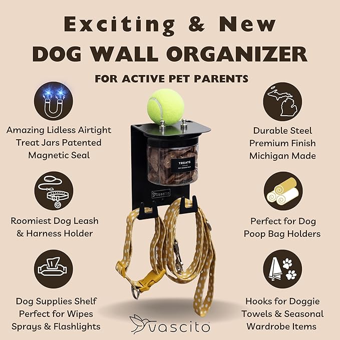 Dog Treat Holder For Wall Storage For Pets, Premium Pet Wall Organizer, Includes One 16oz Airtight Dog Treat Jar, 2 Sets of Triple Hooks, Sturdy Shelf in Modern Black