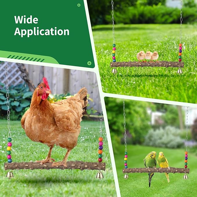 2PCS Chicken Bird Swings - Natural Wooden Swing Toys with Wooden Stands for Chickens, Hens & Parrots