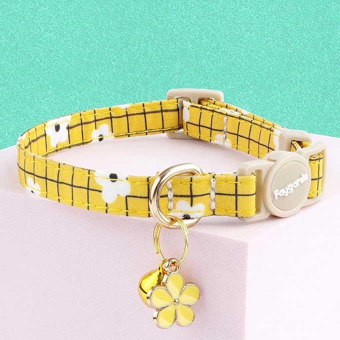 Faygarsle 2 Pack Striped Plaid Floral Pattern Cat Collars Breakaway Safety Collar with Bell Spring Summer Design for Girl Cats,Yellow Multicolor