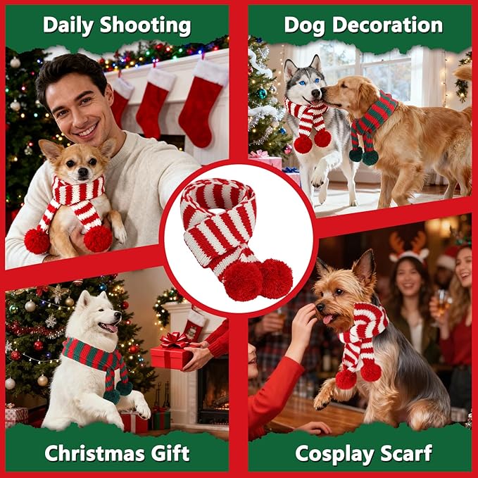 BWOGUE 2-Piece Knitted Dog Christmas Scarf & Bandana with Red and Green Pom Poms for Medium/Large Dogs - Winter Warm Holiday Pet Costume Accessory (Red, Green)