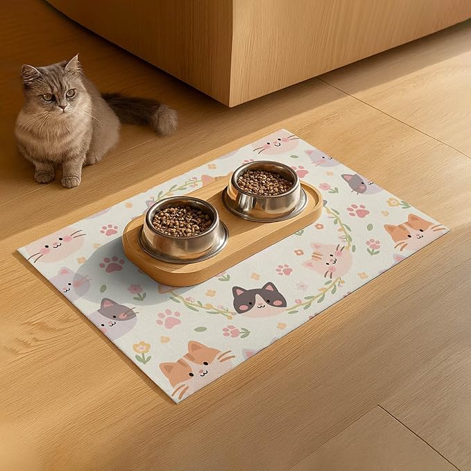 Cat Feedings Mats 20x12 inch Beige Cat Print Pet Bowl Placemat Non Slip Mat for Cats Food and Water Indoor Kitty Feeding Station Cute Cats Meal Mat for Small Pets Kitchen Floor Use