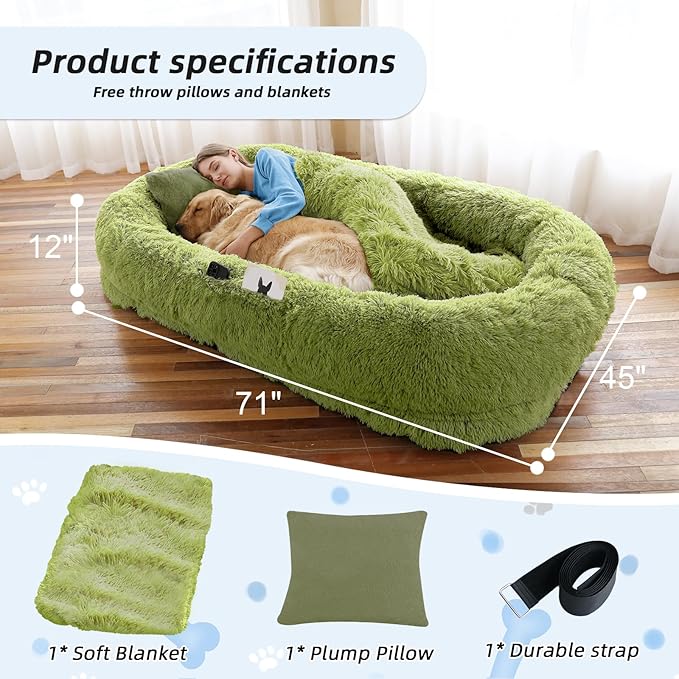 Human Dog Bed, 71''x45''x12'' Size Fits You and Pets, Washable Faux Fur Pet Bed for People Doze Off, Napping Orthopedic Dog Bed, Present Plump Pillow, Blanket, Strap - GrassGreen