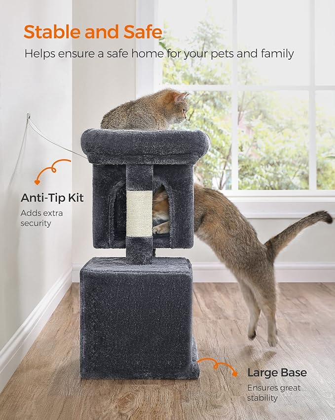 Feandrea Cat Tree, 26.4-Inch Cat Tower, Plush Condo for Kittens up to 7 lb, Large Perch, 2 Caves, Scratching Post, Smoky Gray UPCT611G01