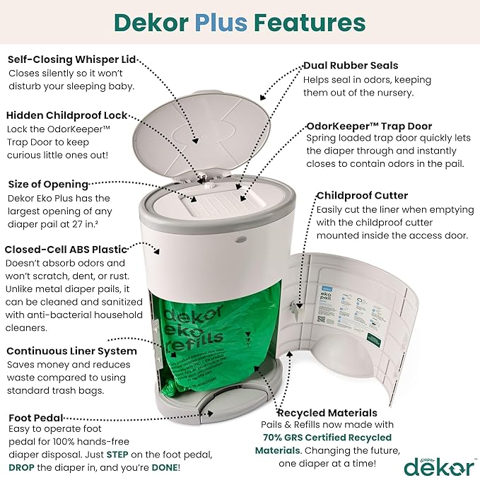 Diaper Dekor EKO Plus Diaper Pail, White | ONLY Eco-Friendly Diaper Pail Made with 70% Recycled Materials | Hands-Free: Step–Drop–Done | Cost-Effective Refill System |Great Cloth Diaper Pail
