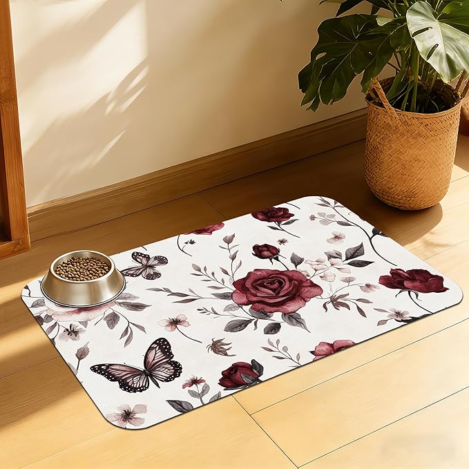 Vintage Flower Butterfly Dog Cat Food Mat, Absorbent Feeding Placemat, Waterproof Non-Skid Bottom – 16x24 Inch