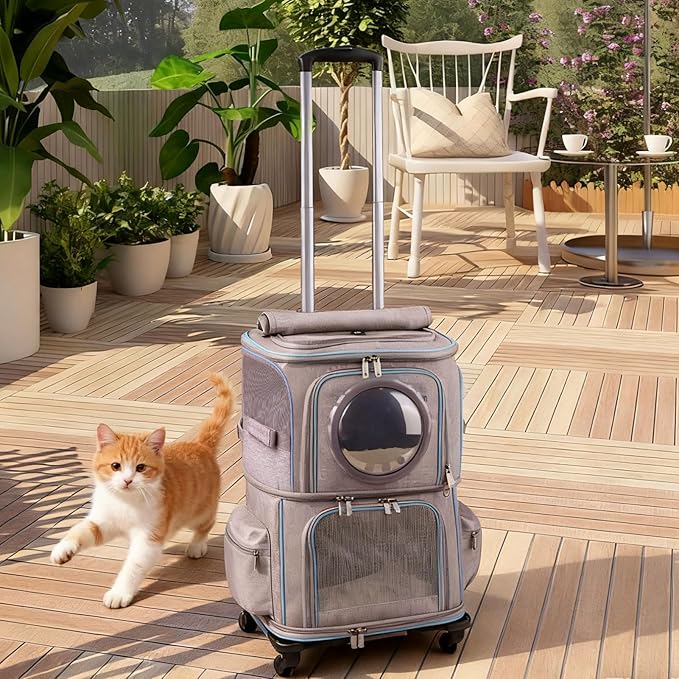 2-in-1 Pet Carrier Backpack for Two Cats or One Dog with Puller & Roller, Grey 2-Layer Dual Cabins Carry Bag for Large Fat Cat and Puppy Traveling and Hiking, Space Capsule Clear Bubble Dome