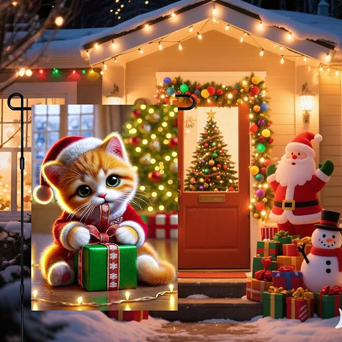 Christmas Garden Flag 12x18 Inch Cute Kitten Gift Flag Double Sided Holiday Cat Banner Outdoor Pet Yard Decoration for Porch Tree Lighting Display