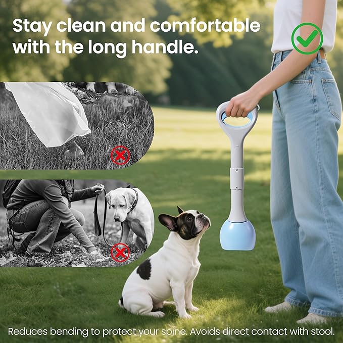 Dog Pooper Scooper Portable with Bag Attachment, One Handed Foldable Design, Includes 120 Waste Bags and Dispenser, 19 Inch Handle for Grass Yard Gravel Cleanup (Blue)
