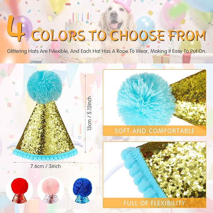 4 Pieces Dog Birthday Hat for Pets Christmas Party Decoration Accessories Pet Headband Hats Charms Grooming Accessories (Red, Pink, Gold, Blue,Fresh Style)