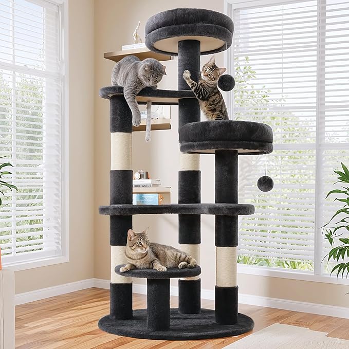 Allewie 55.5 in Cat Tree for Indoor Kitties/Soft Plush Perches/Multi-Level Cat Tower/Sisal Scratching Posts/Crescent Plates/Round Jumping Board/Hanging Ball/Pet Activity Center/Dark Grey