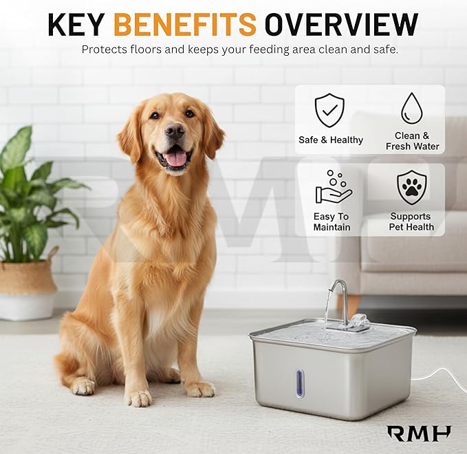 RMH 7L Stainless Steel Dog & Cat Water Fountain with Large Waterproof Mat – Automatic Pet Drinking Fountain for Large Dogs & Multi-Pet Homes, Quiet Pump, 3-Stage Filtration, LED Water Window