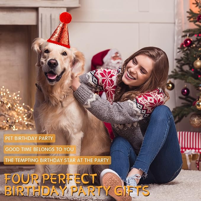 4 Pieces Dog Birthday Hat for Pets Christmas Party Decoration Accessories Pet Headband Hats Charms Grooming Accessories (Red, Pink, Gold, Blue,Fresh Style)