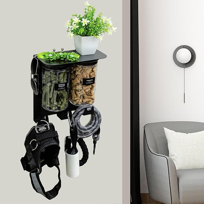 Dog Treat Holder For Wall Storage For Pets, Premium Pet Wall Organizer, Includes Two 32oz Airtight Dog Treat Jar, 3 Sets of Triple Hooks, Sturdy Shelf in Modern Black