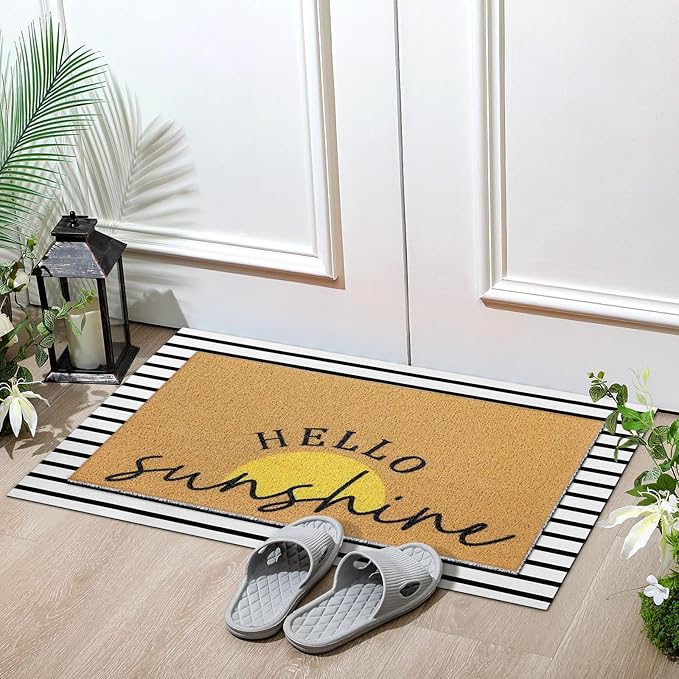 Tinideya 2 Pcs Summer Sunshine Door Mat Yellow Welcome Non Slip Coir Mats Stripe Floor Layering Doormats Seasonal for Front Porch Entryway Decor(Sunshine)