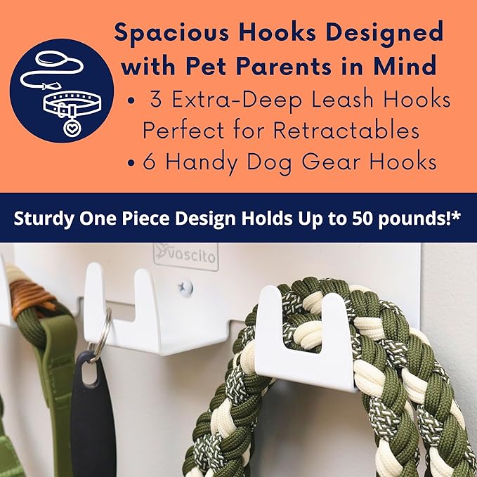 Dog Treat Holder For Wall Storage For Pets, Premium Pet Wall Organizer, Includes Two 16oz Airtight Dog Treat Jars, 3 Sets of Triple Hooks, Sturdy Shelf in Designer White