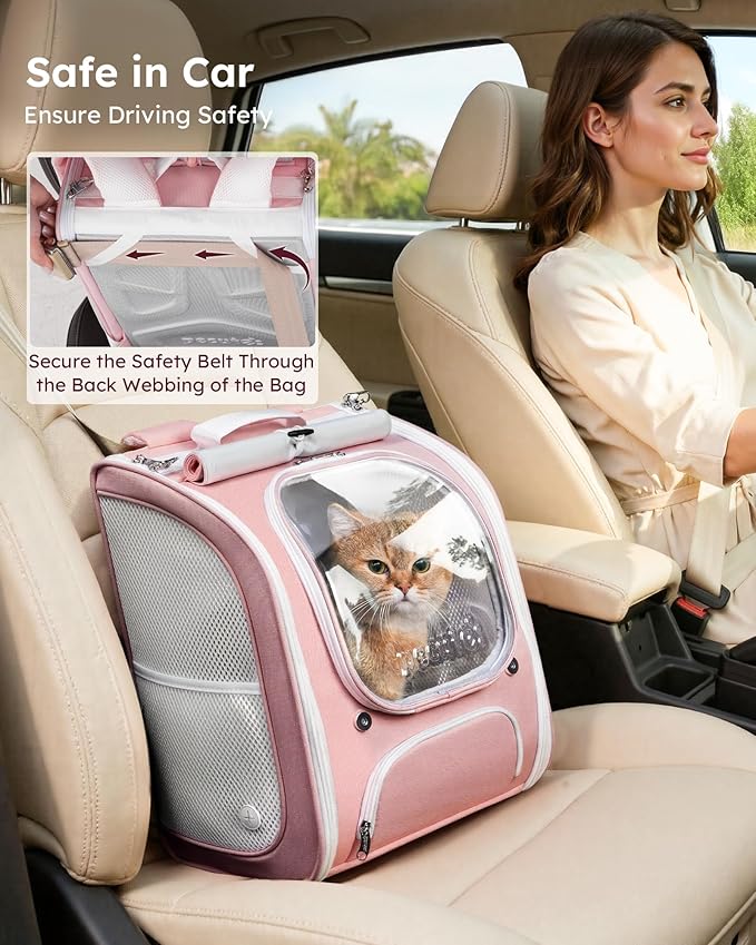Pecute Cat Backpack Carrier, Large Space Cat Bubble Backpack, Breathable Cat Carrier, Shaded Dog Backpack Carrier, Ergonomic 3D Design for Travel, Hiking, Walk, Suitable for Shopping, Car, Vet, Pink
