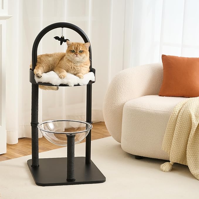 Modern Cat Tree Tower for Indoor Cats up to 12lbs, 34" H Furniture-Style Metal Cat Tower with Scratching Posts, Wood Cat Bed with Soft Plush Cushion Washable, Acrylic Capsule, Classic Black