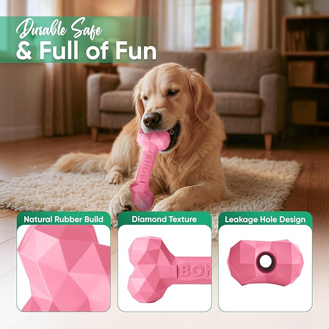Natural Rubber Dog Chew Bone – Treat-Dispensing, Tough & Indestructible Chew Toy – Safe for Aggressive Chewers – Dental Health & Boredom Relief (Pink)