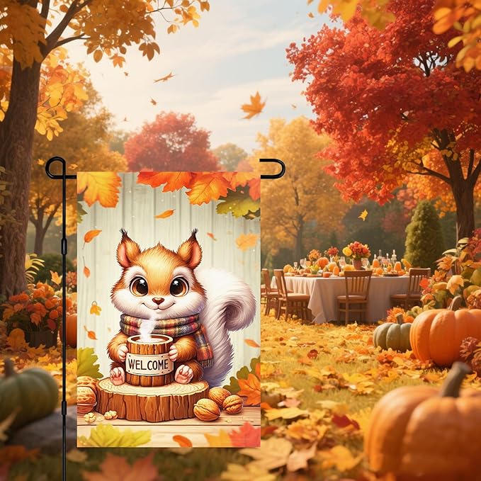 Fall Everyday Garden Flag 12x18 Inch Cute Red Squirrel with Hot Cocoa and Welcome Sign, Yard Flag Double Sided for Outdoor Fall Porch