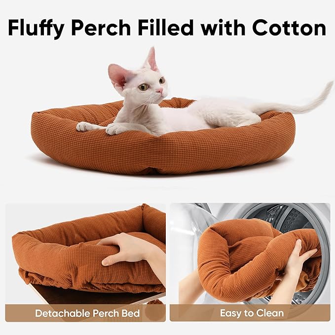 FUKUMARU Cat Scratching Post, Retro-Style Tall Scratch Posts with Perch for Infoor Cats Adults, Large Cat Scratcher Tower with Bed, Natural Sisal & Solid Wood