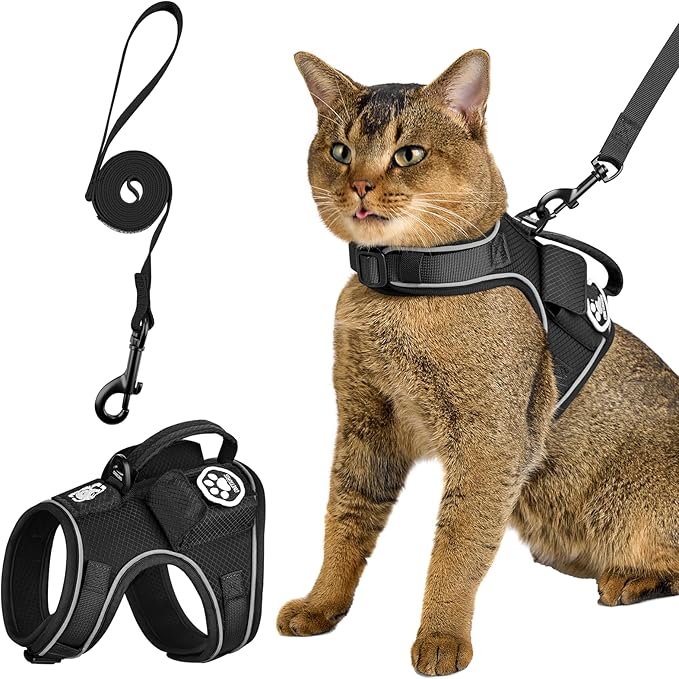 OneTigris Cat Harness and Leash - Escape Proof Soft Adjustable Kitten Harness, Breathable, Comfortable, Durable Water-Resistant Tactical Vest with Reflective Strips and Pocket for Cat Tracker
