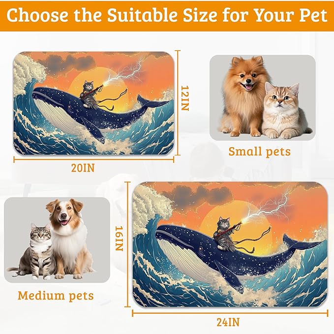 Dog Bowl Mat,Cat Shark Pet Feeding Mat for Floors Waterproof,Ocean Wave Absorbent Dogs Placemat for Food and Water Quick Dry Pet Cat Feeding Mats with Non Slip Bottom 12" x 20"