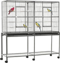 PawHut 65" Double Rolling Metal Bird Cage with Divider, Large Parrot Cage for Parakeet, Canaries, Lovebirds, Budgie, Finch, with Detachable Rolling Stand, Storage Shelf, Wood Perch & Food Container