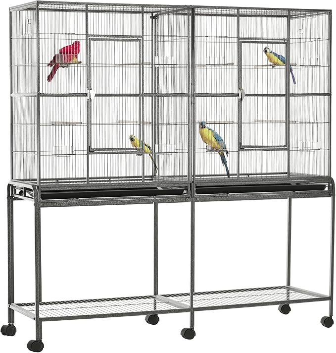 PawHut 65" Double Rolling Metal Bird Cage with Divider, Large Parrot Cage for Parakeet, Canaries, Lovebirds, Budgie, Finch, with Detachable Rolling Stand, Storage Shelf, Wood Perch & Food Container