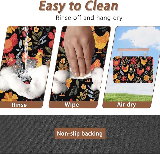 Chicken Rooster Hen Flower Meadow Dog Cat Food Mat,Absorbent Pet Feeding Mat with Rubber Backing,Non-Slip Water Bowl Placemat,Indoor Pet Accessories Supplies 16"x24"