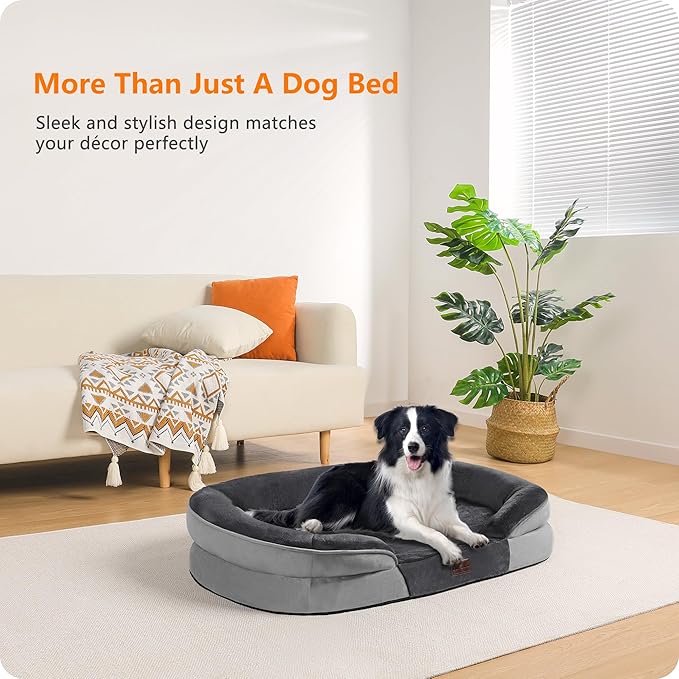 Dwanton Orthopedic Dog Bed for Large Dogs with Gel Memory Foam, Waterproof Dog Sofa, Washable Pet Bed with Four Sided Bolster Cushion, Removable Cover & Non-Slip Bottom, 38", Dark Gray