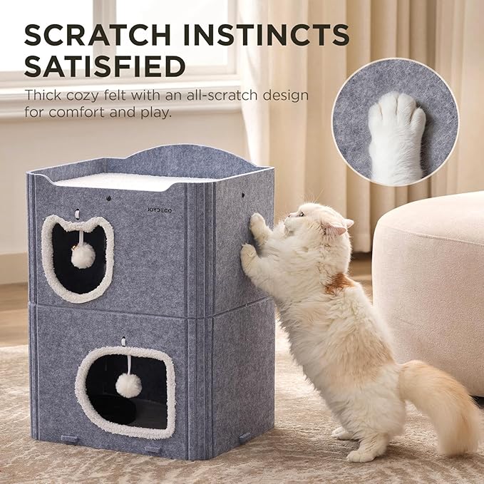 Joydeco Cat House for Indoor Cats, 2 Story Scratch Resistant Felt Cat Condo, Hideaway Pet Cave Bed with Fluffy Ball and Tunnel for Kitten, Small Dogs, Rabbits, 17.7 x 13.3 x 24, Grey