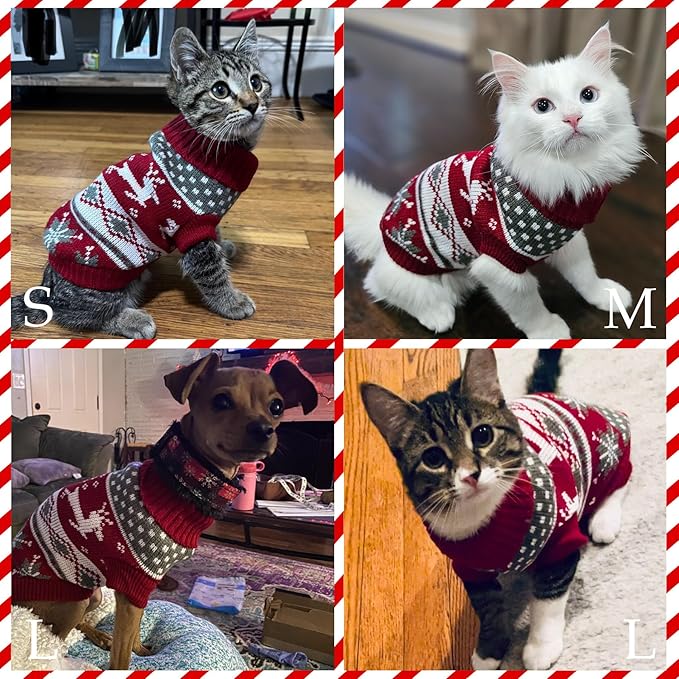 Cat Dog Christmas Sweater Pet Winter Warm Coat Pajamas Small Dog Sweaters Reindeer Snowflake Christmas Sweater for Large Cats Small Dogs (Reindeer, L)