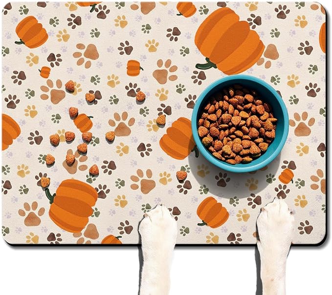 Fall Pumpkin Dog Food & Water Mat, Paw Prints Autumn Pet Feeding Mat for Floor Non-Slip Waterproof, Super Absorbent Cat Bowl Mat, Easy to Clean Eco-Friendly Durable Pet Placemat,24" × 32"