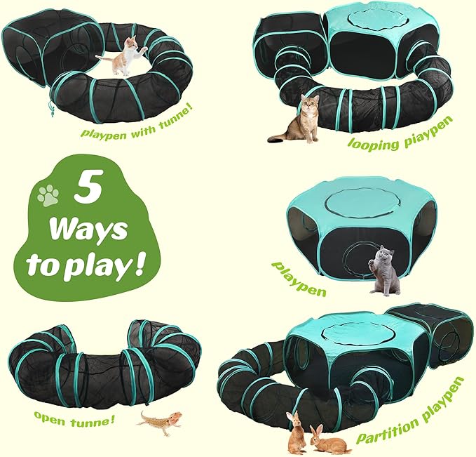 Large Outdoor Cat Enclosure Pop-Up Tent, Portable 3-in-1 Modular Pet Playpen with Zippered Mesh Windows for Indoor & Outside Use, Travel, Backyard, Park