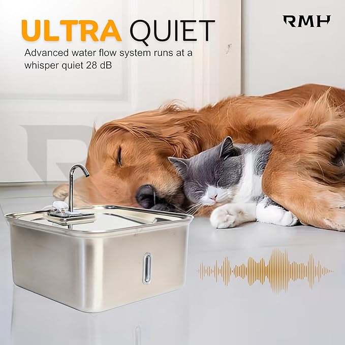 RMH 7L Stainless Steel Dog & Cat Water Fountain with Large Waterproof Mat – Automatic Pet Drinking Fountain for Large Dogs & Multi-Pet Homes, Quiet Pump, 3-Stage Filtration, LED Water Window
